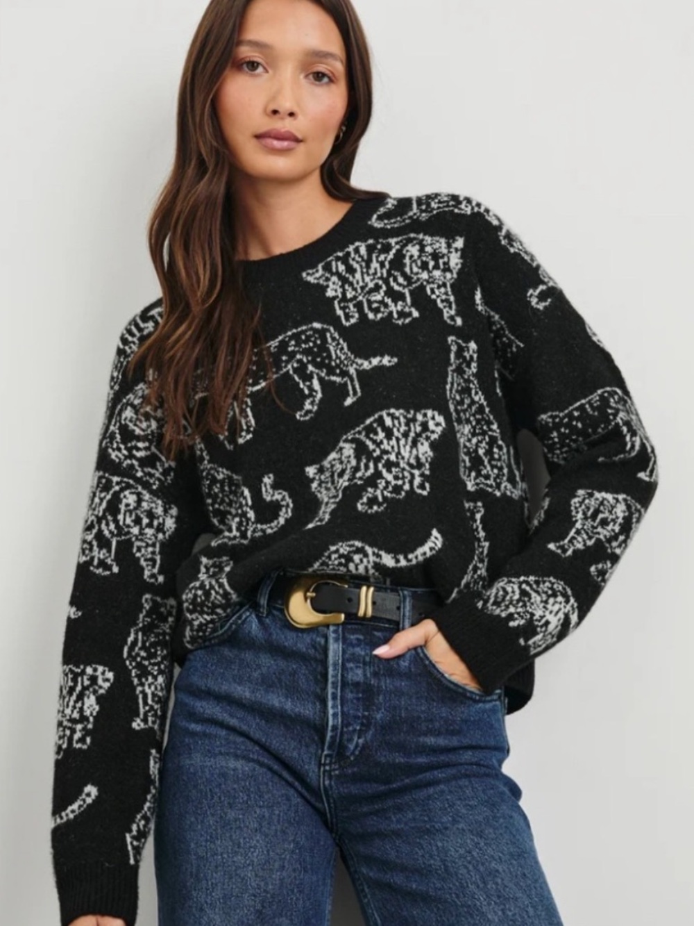 Faith & Zoe Black Sweater with Cream Leopard Jacquard